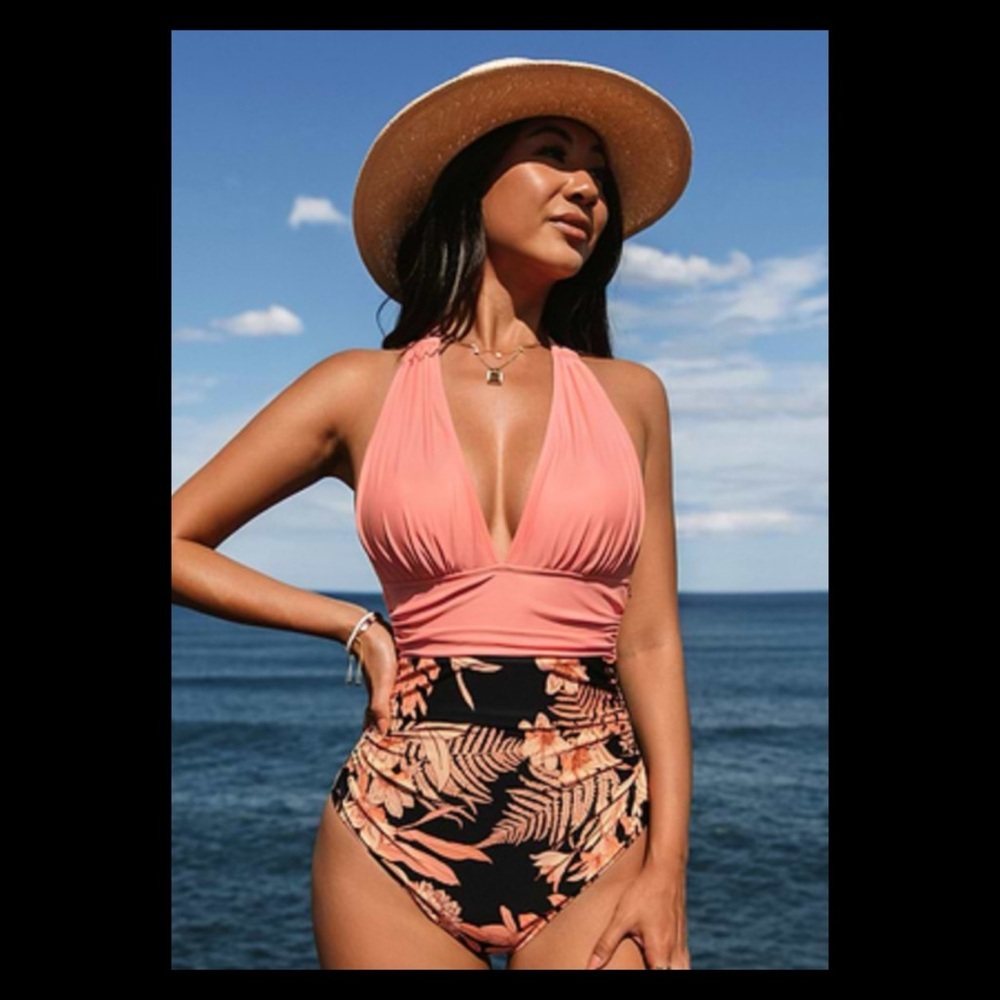 Peach top floral bottom one piece swimsuit.40-M/40-L - Picture 1 of 6
